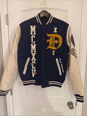 10.Deep Navy and Cream Letterman Varsity Jacket